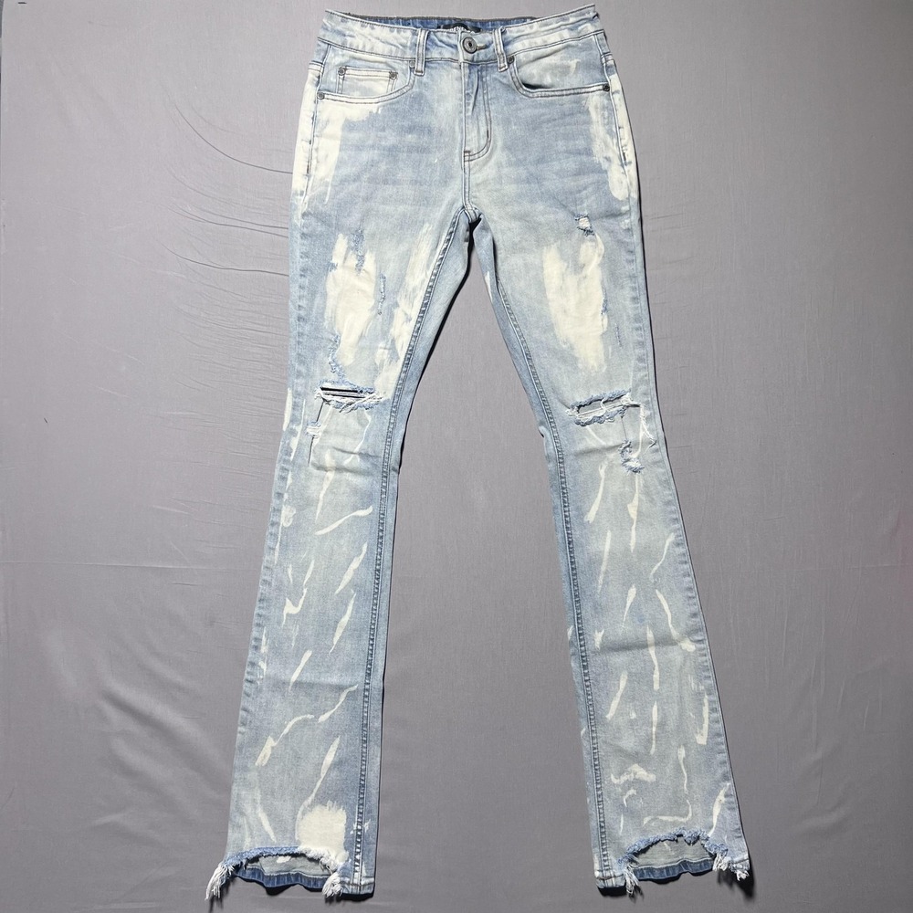 Serenede Stacked Flare Jeans Mens 28x35 Light Wash Distressed Ripped Frayed‎